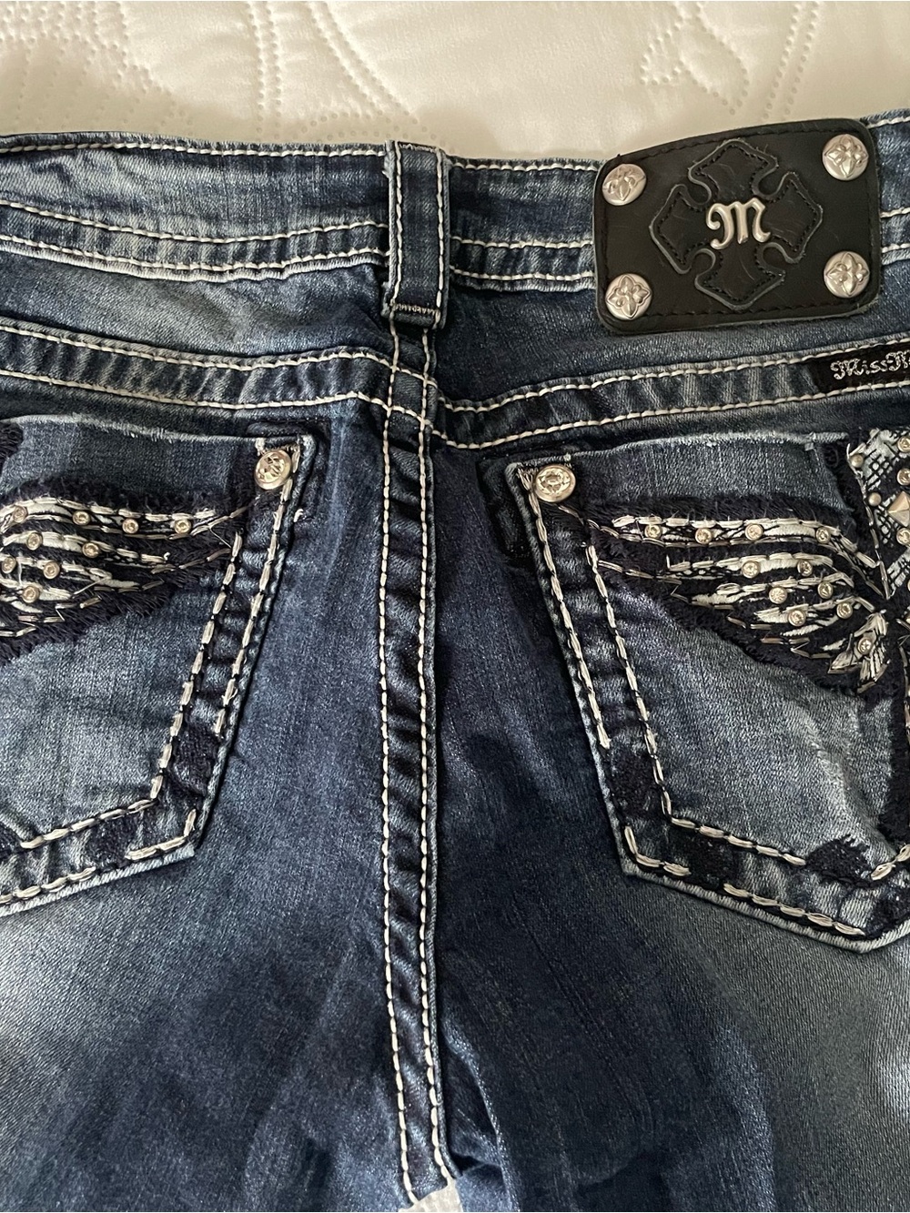 Miss Me Dark Blue Bootcut Jeans with Faded Detail